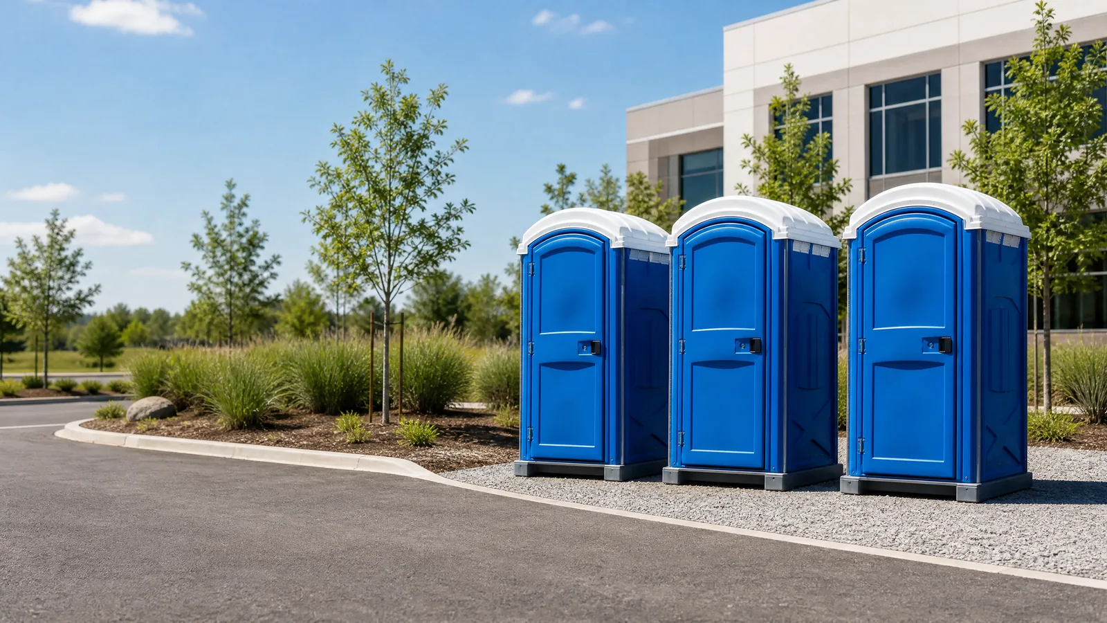 Clean portable restroom units prepared for rental planning